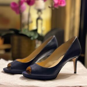 Nine West 3” Heel Navy Blue Leather Platform Peep Toes SIZE 5